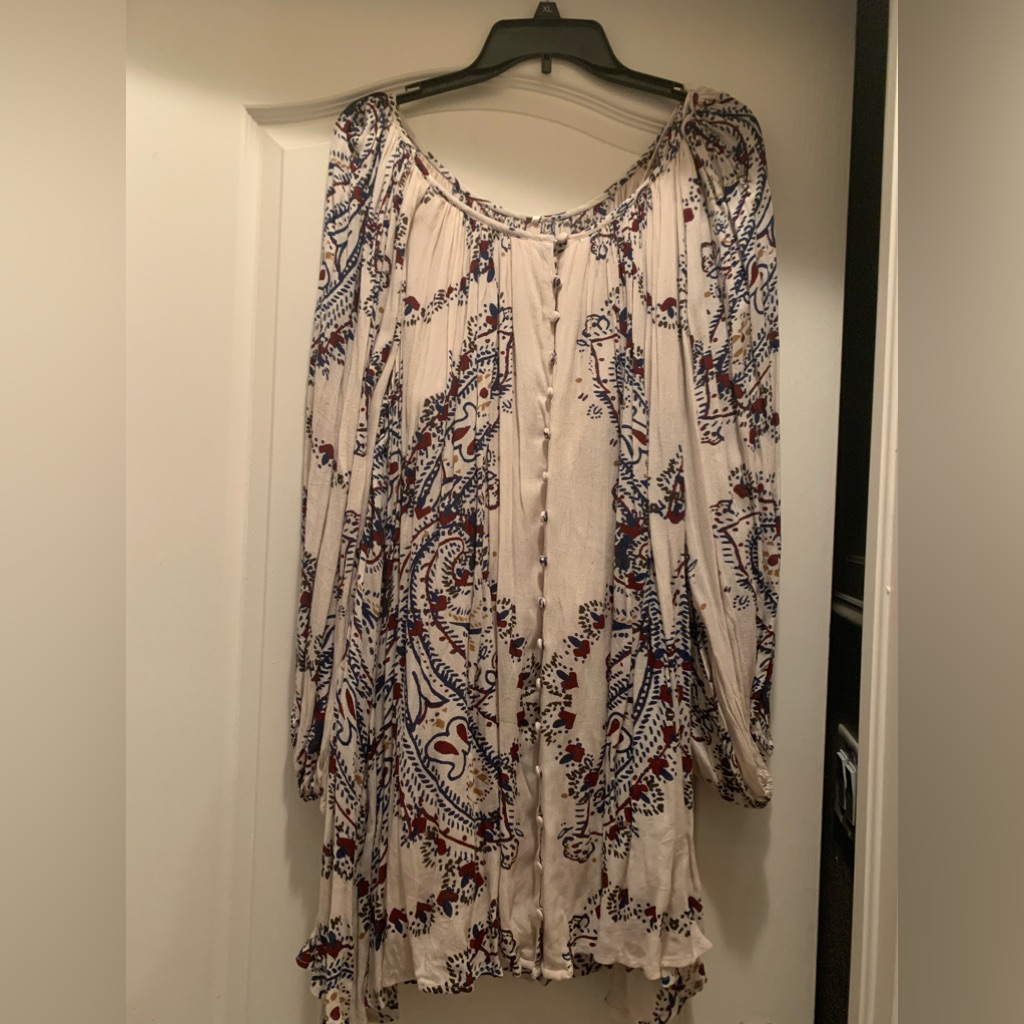 Free People Multi Color Ivory Combo Long Sleeve Boho Mini Dress Nwt S